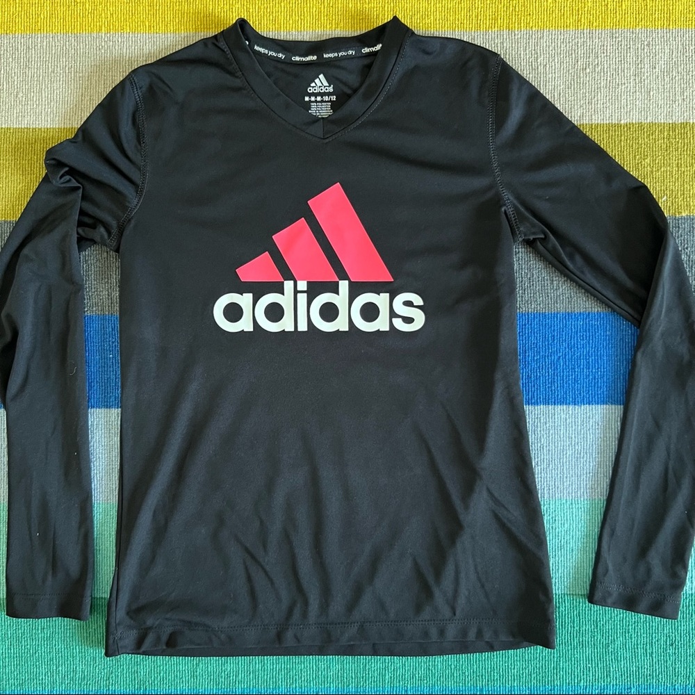NWOT Girls adidas Climalite V-neck Black Pink Athletic Shirt • Size M 10-12